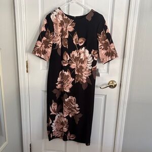 Liz Claiborne Black Midi Dress with Pink Floral Pattern